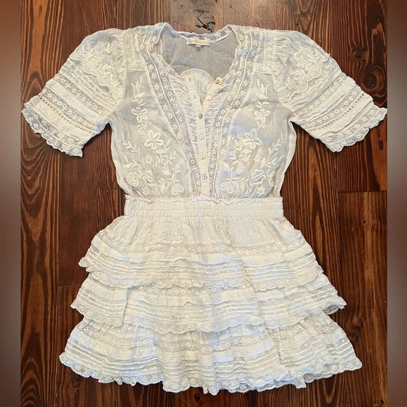 LOVESHACKFANCY Quincy Mini Dress Embroidered Ruffle Dress Size Medium EUC - Picture 3 of 12